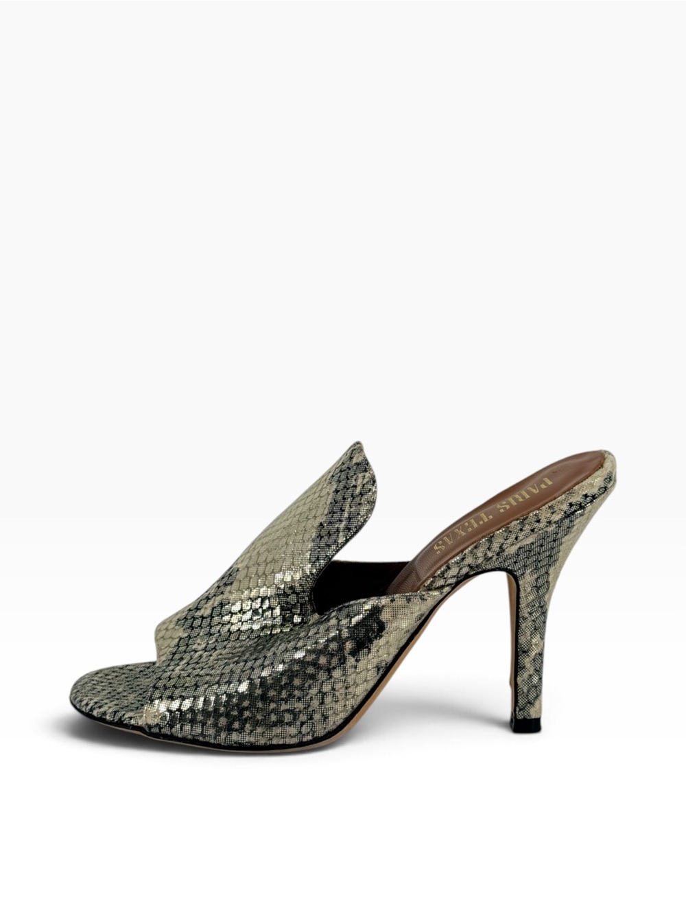 Paris Texas black & gray snake print stiletto mules